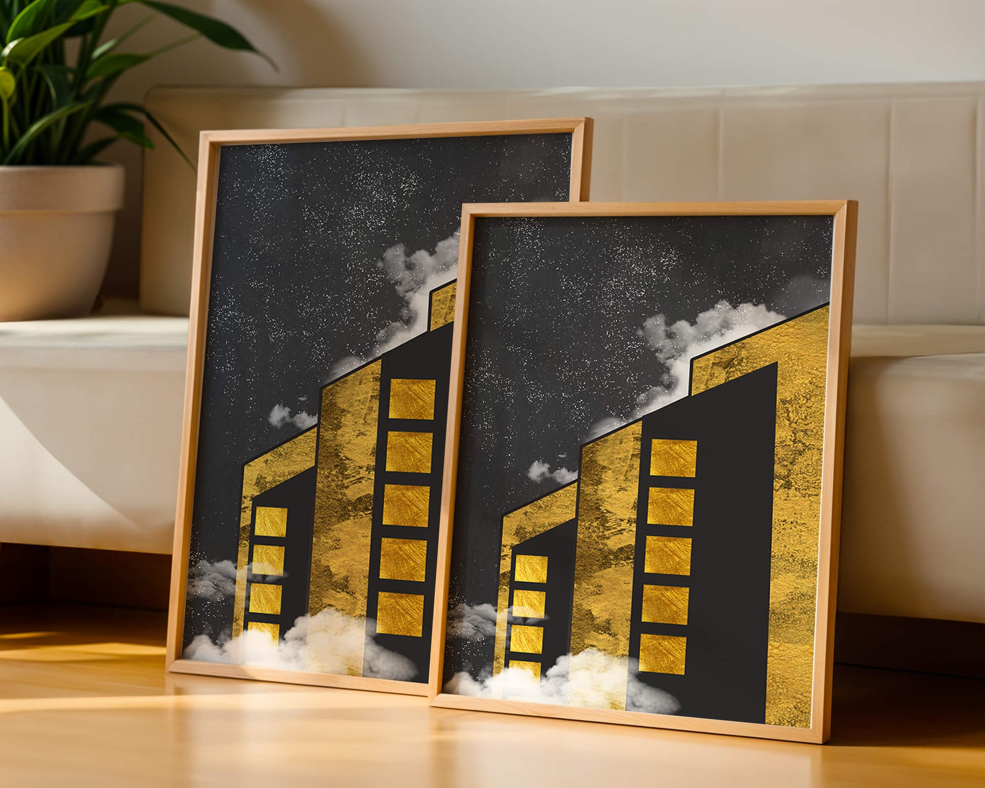 Artistic architectural illustration with golden elements and night sky