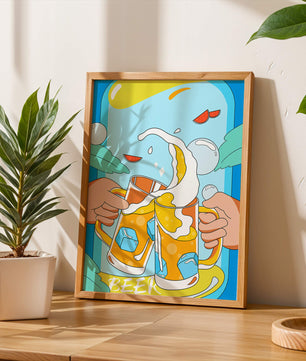 Colorful Illustration of Two Clinking Beer Mugs with Ice Cubes and Citrus Slices