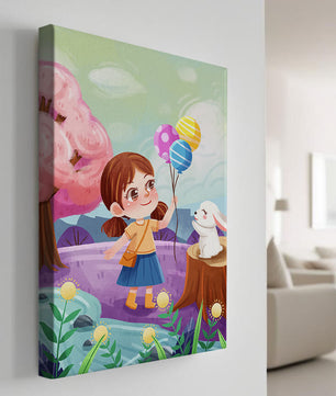 Charming Landscape with Girl Holding Balloons and White Bunny in Enchanted Forest