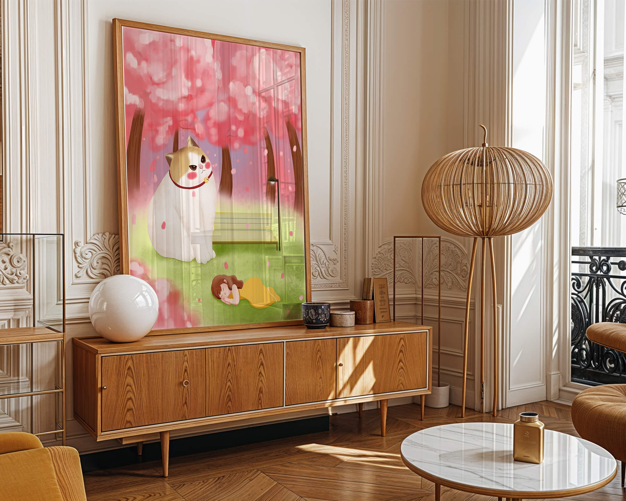 Whimsical scene with giant cat and girl under cherry blossoms