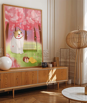 Whimsical scene with giant cat and girl under cherry blossoms