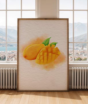 Watercolor depiction of a ripe mango with leaves on textured background