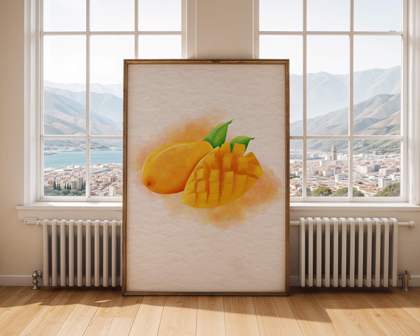 Watercolor depiction of a ripe mango with leaves on textured background