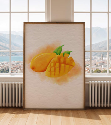 Watercolor depiction of a ripe mango with leaves on textured background