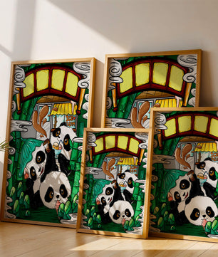 Ilustración de pandas encantadores disfrutando de helado bajo un puente de bambú