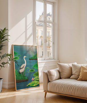 Serene wetland scene with white crane and water lilies