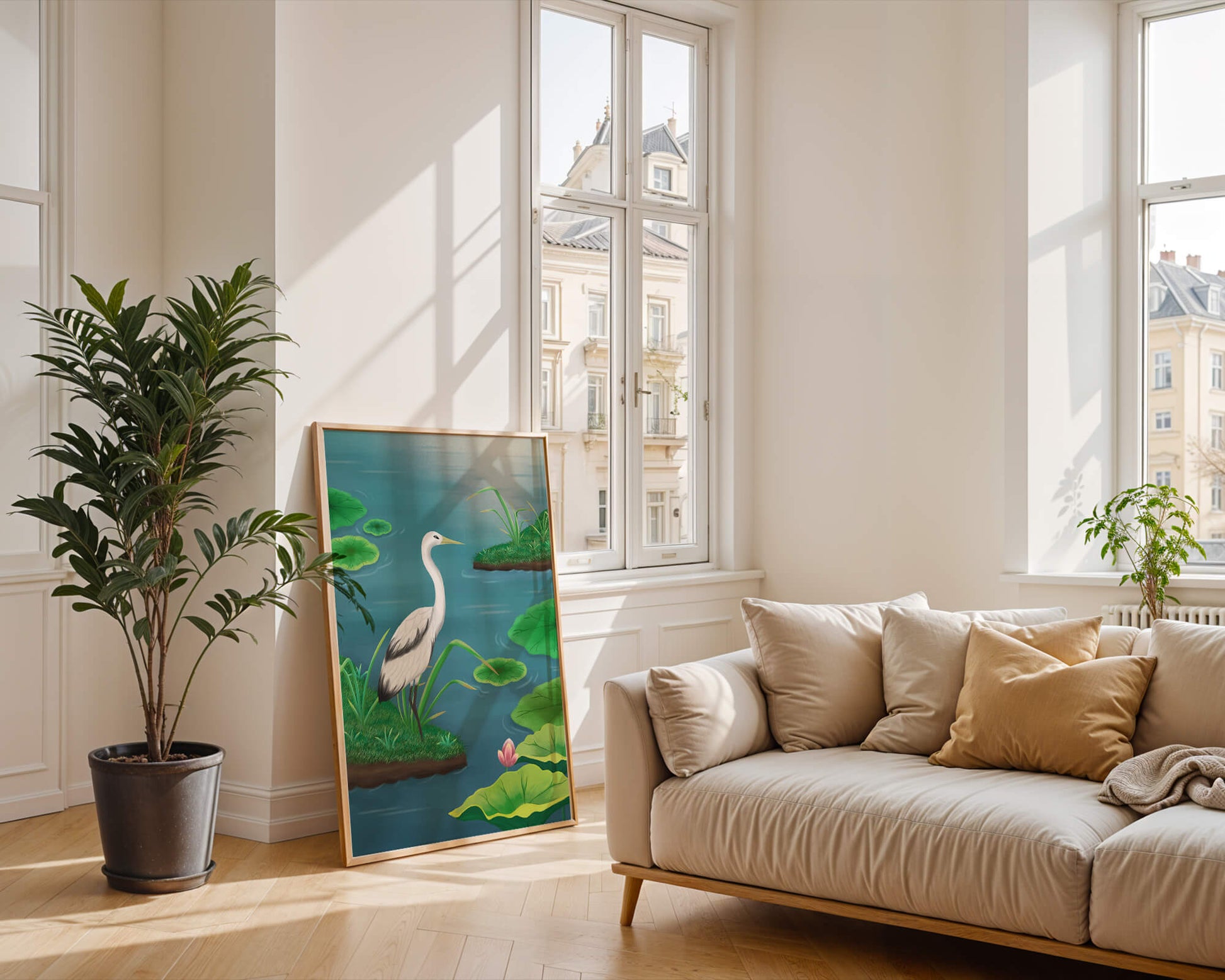 Serene wetland scene with white crane and water lilies
