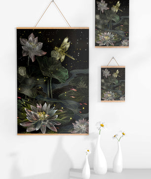 Lotus Flowers and Dragonfly in Nighttime Pond