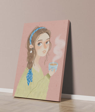 Illustration d'une fille avec un bandeau tenant une tasse fumante