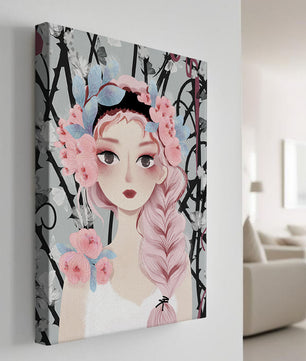 Ilustración caprichosa de una chica con cabello rosa y corona floral