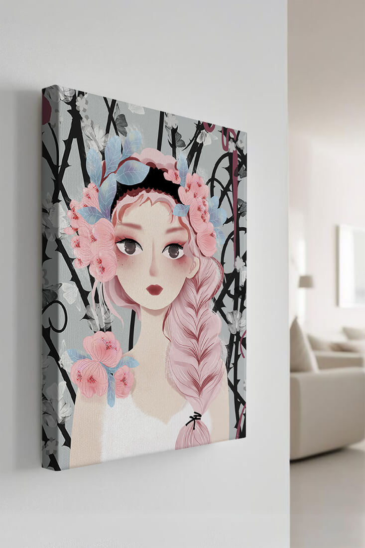 Whimsical illustration of a girl with pink hair and floral crown
