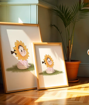 Adorable child with sunflower costume sitting on a grassy patch
