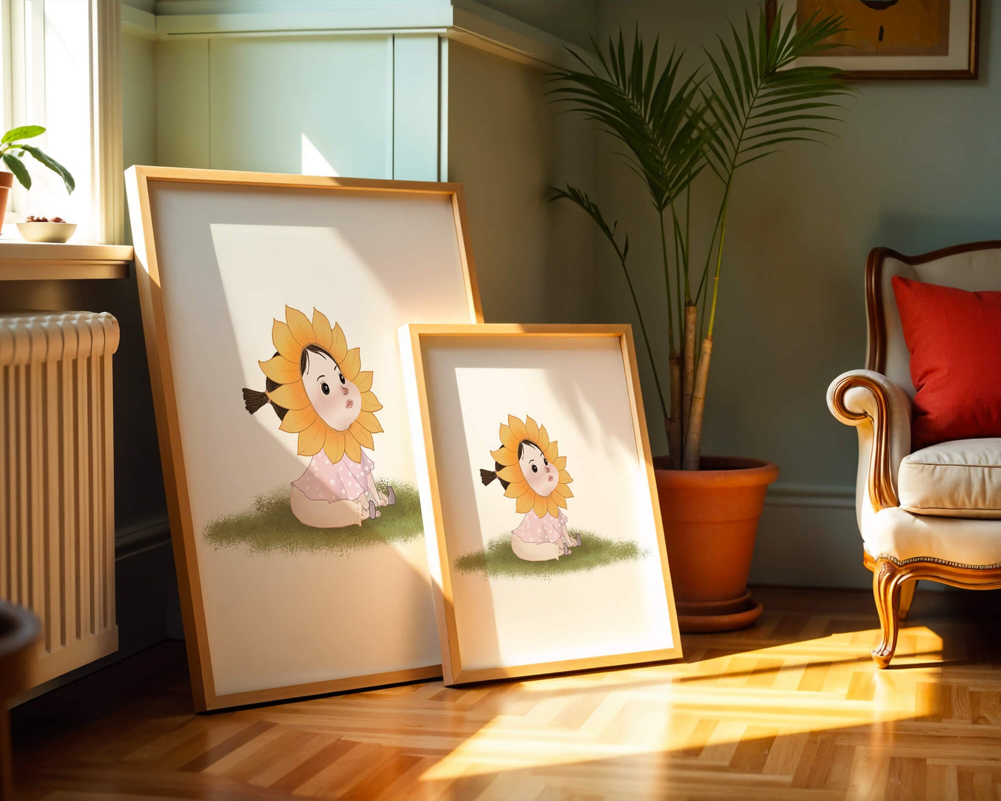 Adorable child with sunflower costume sitting on a grassy patch