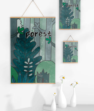 Illustrated forest scene with foliage and text