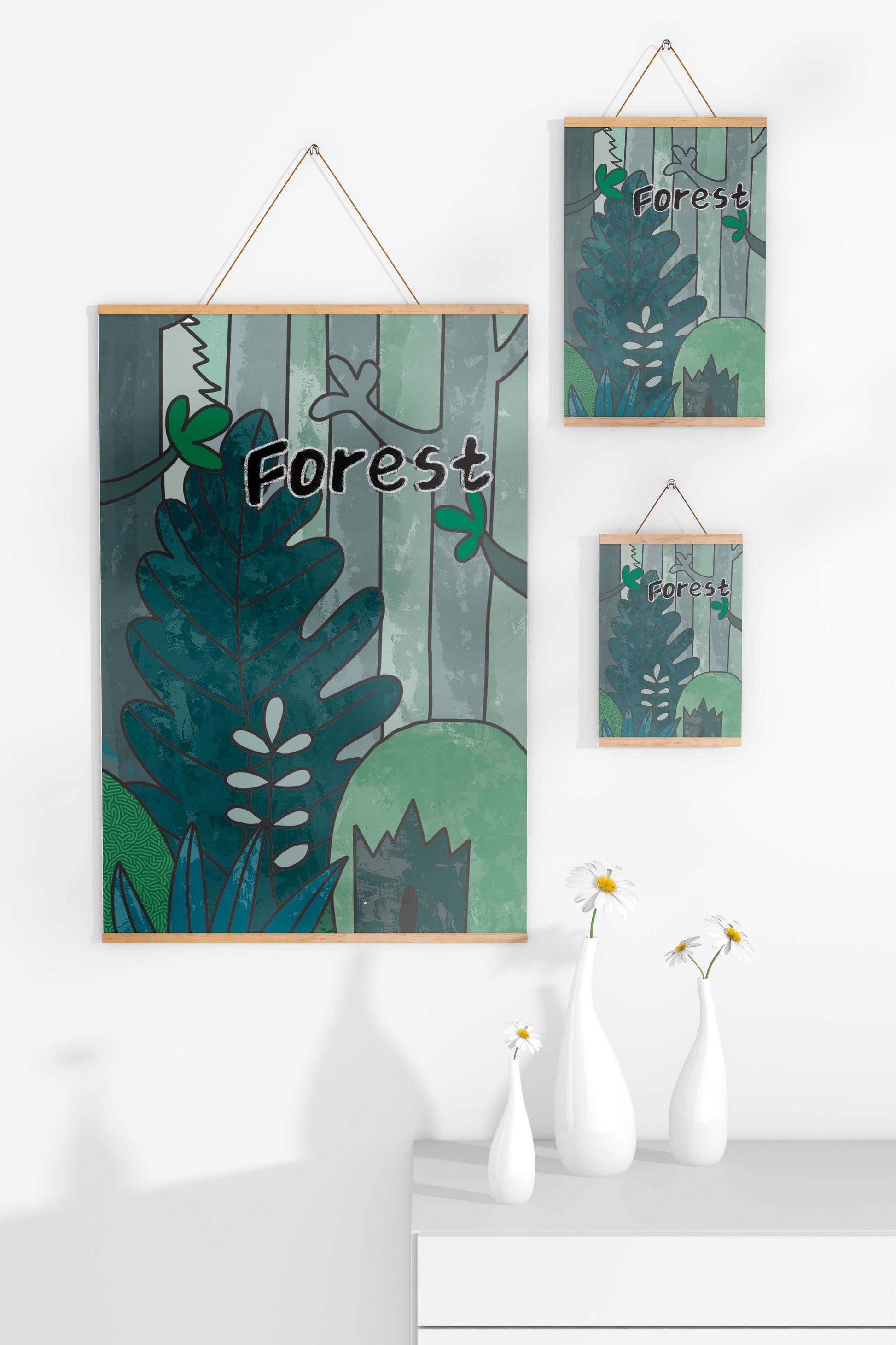 Illustrated forest scene with foliage and text