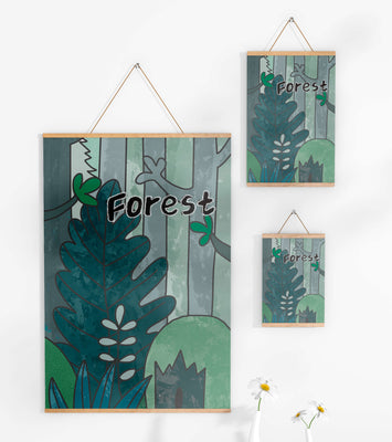 Illustrated forest scene with foliage and text