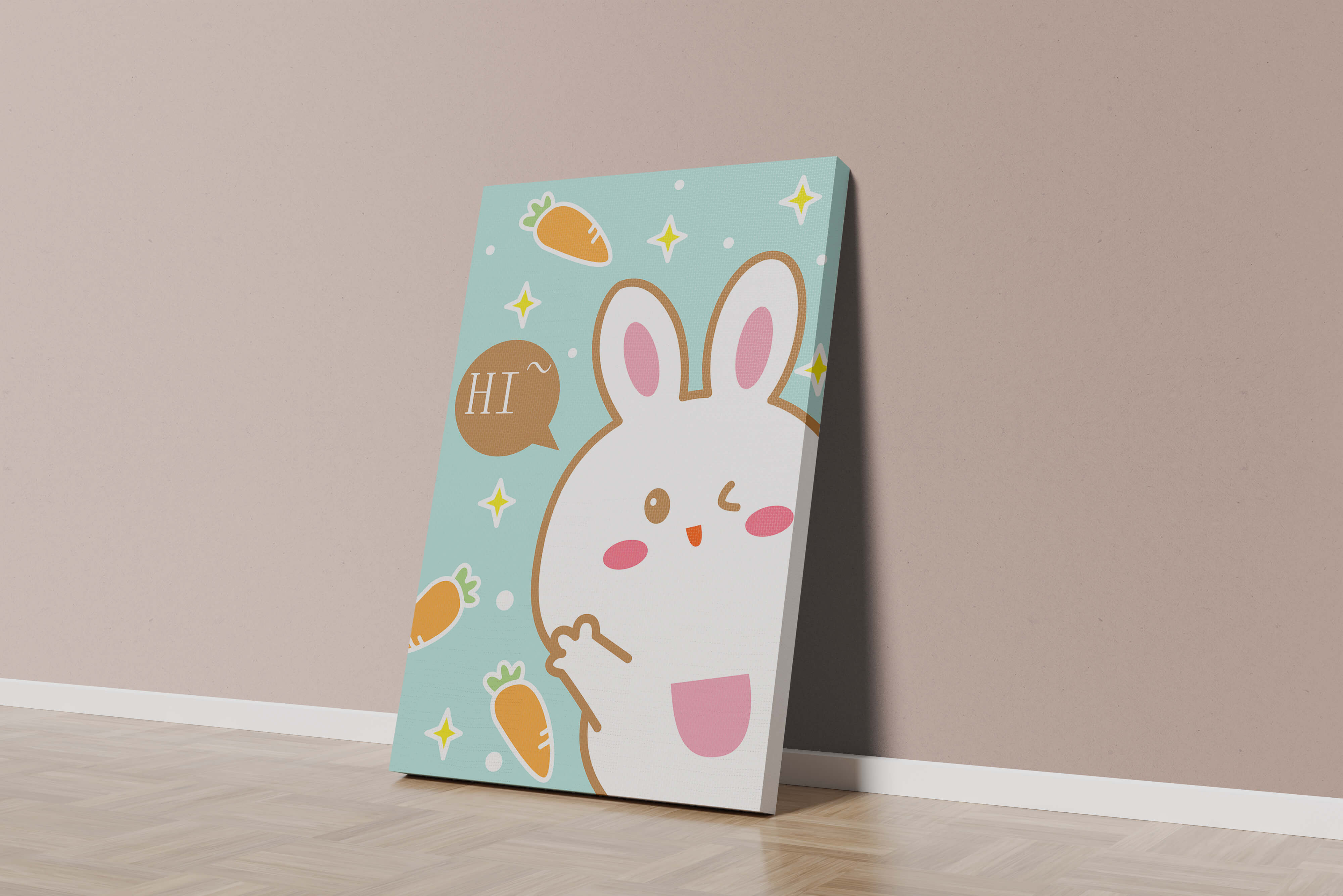 Playful cartoon bunny with carrots and stars on teal background