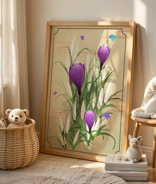 Elegant Crocus Flowers with Butterflies in a Delicate Frame