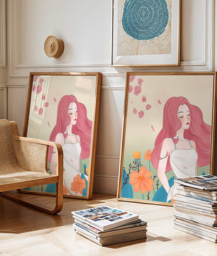 Illustration of a serene woman in a floral dress with flowing red hair