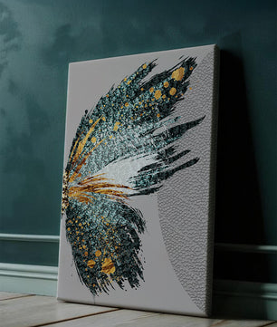 Ala de mariposa abstracta con detalles turquesa y dorados