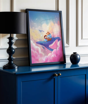 Fantasy illustration of girl and bear riding a whale through colorful clouds