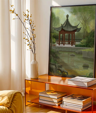 Tranquil Asian garden scene with traditional pagoda and serene pond