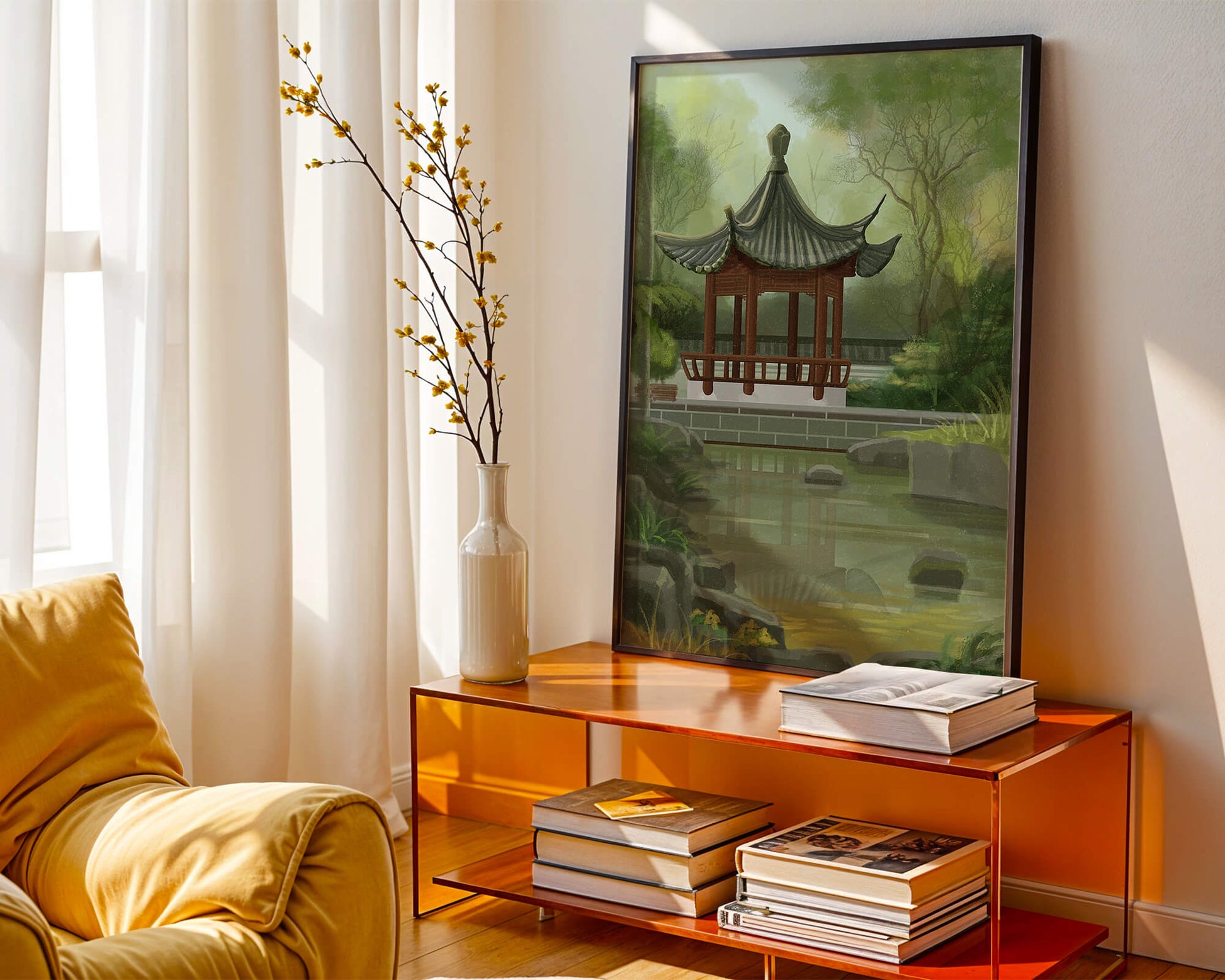 Tranquil Asian garden scene with traditional pagoda and serene pond