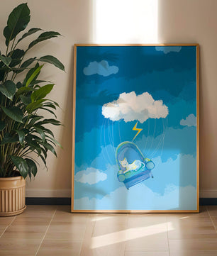 Gato soñador en un sillón flotante en un cielo nublado surrealista