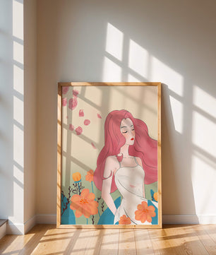 Illustration of a serene woman in a floral dress with flowing red hair