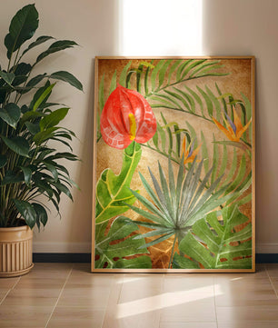 Colorful botanical illustration with tropical leaves on textured background