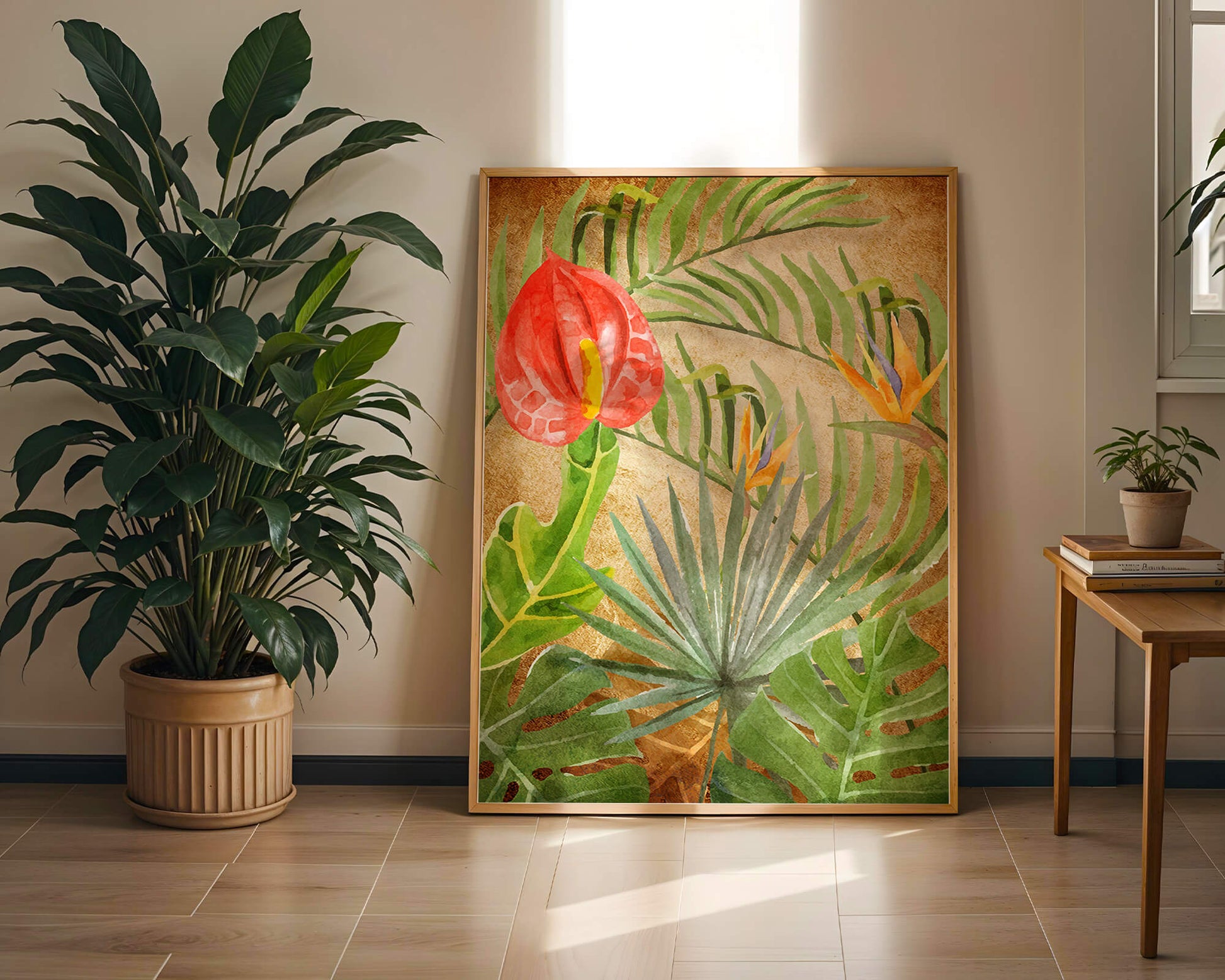 Colorful botanical illustration with tropical leaves on textured background