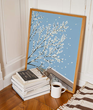Blooming Branches Against a Clear Sky with Geometric Shapes