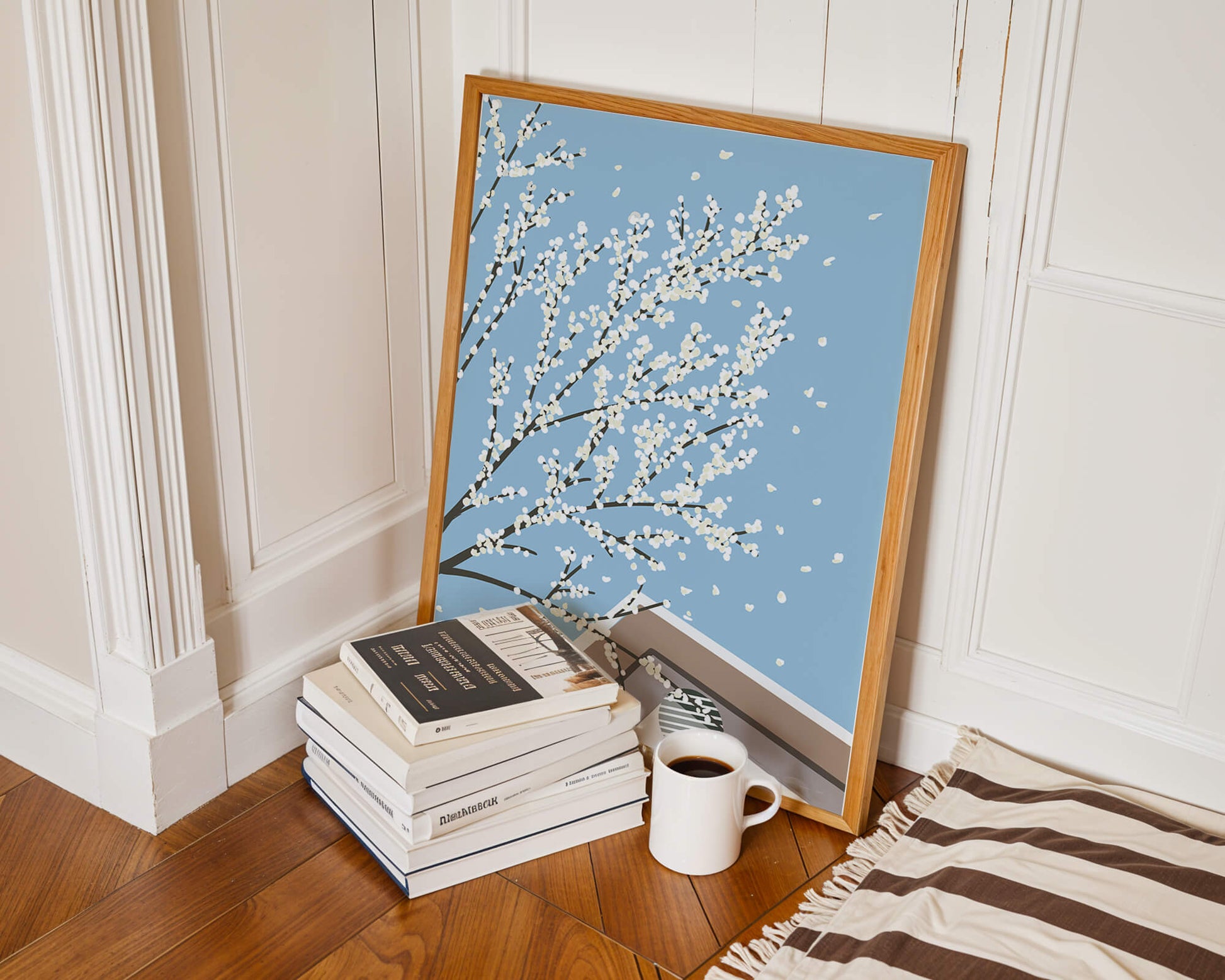 Blooming Branches Against a Clear Sky with Geometric Shapes