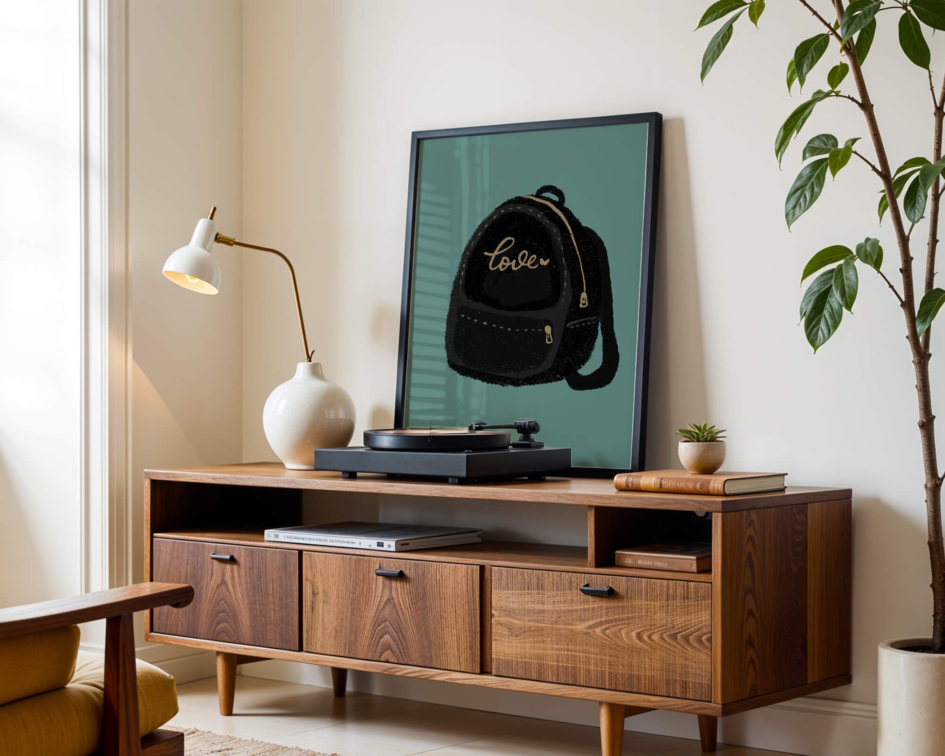 Elegant black backpack with gold accents and love inscription