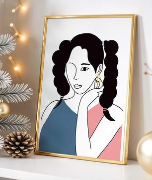 Minimalist Illustration of a Woman with Braided Hair and Gold Earring - Mi tienda