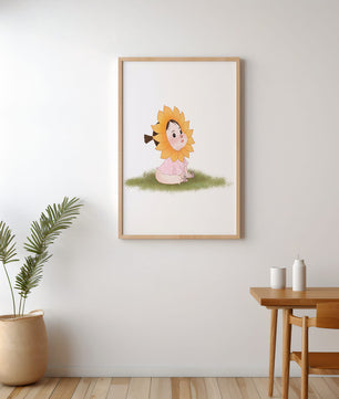 Adorable child with sunflower costume sitting on a grassy patch