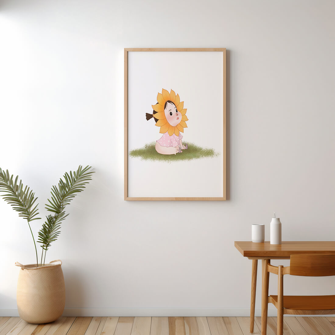 Adorable child with sunflower costume sitting on a grassy patch