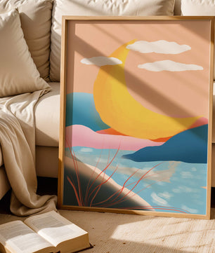 Abstract Landscape with Yellow Crescent and Pastel Colors