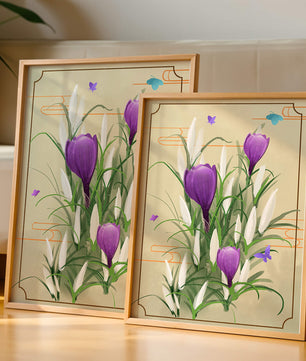 Elegant Crocus Flowers with Butterflies in a Delicate Frame