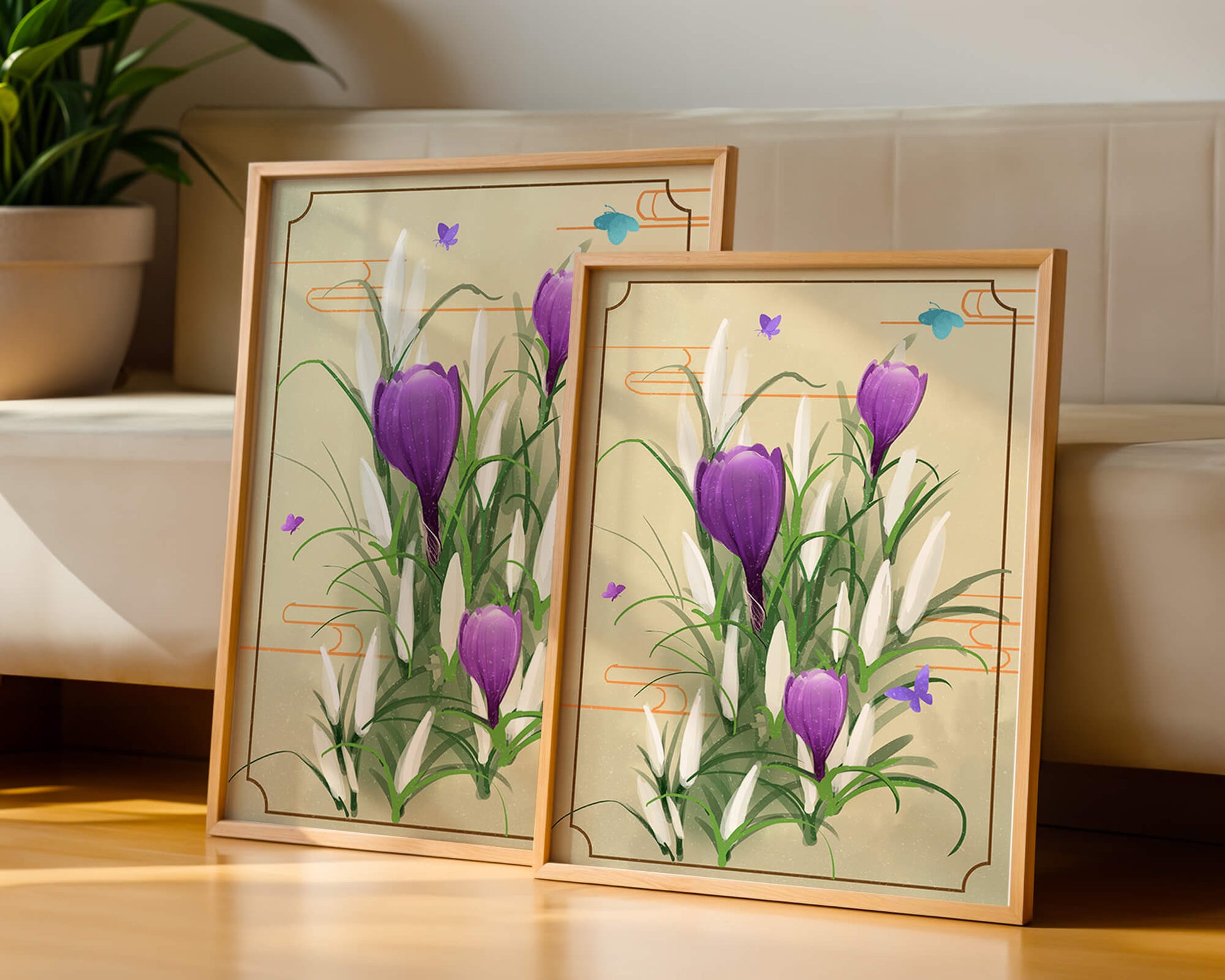 Elegantes flores de azafrán con mariposas en un marco delicado