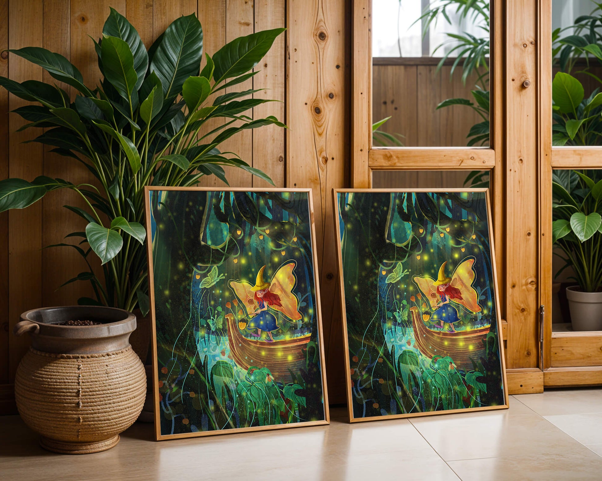 Fairy in an enchanted forest with glowing butterflies and lanterns