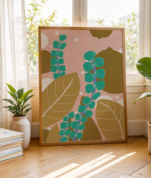 Diseño botánico abstracto con hojas verdes y doradas.