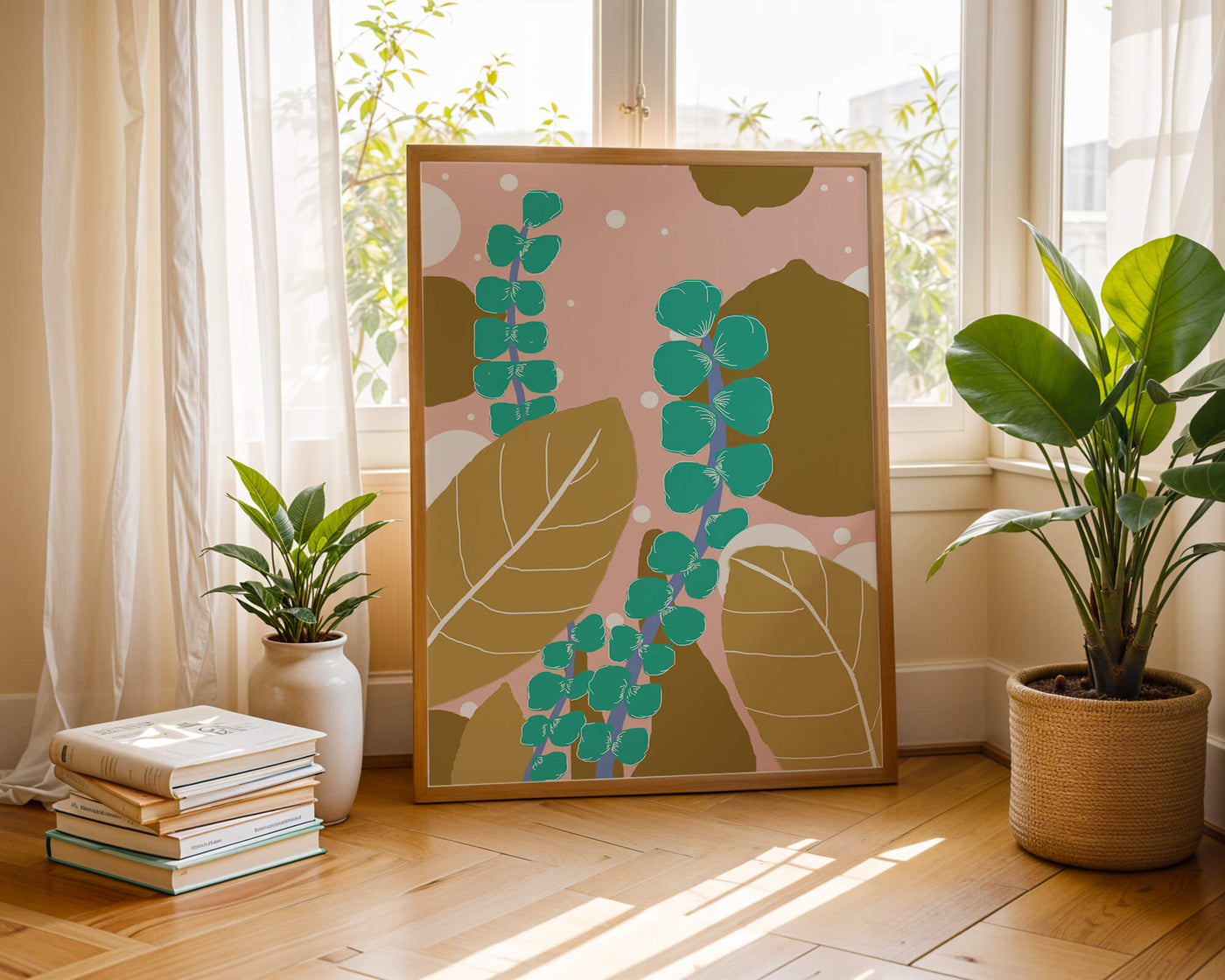Abstract botanical design with green and golden leaves