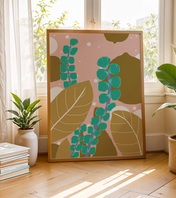 Abstract botanical design with green and golden leaves
