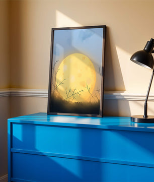 Paisaje sereno de una luna llena brillante contra un cielo crepuscular con hierba en silueta