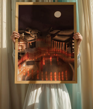 Traditional Japanese village at night with lanterns and full moon