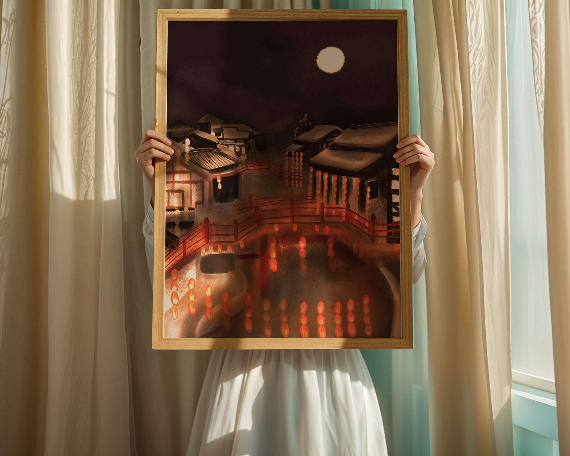 Traditional Japanese village at night with lanterns and full moon