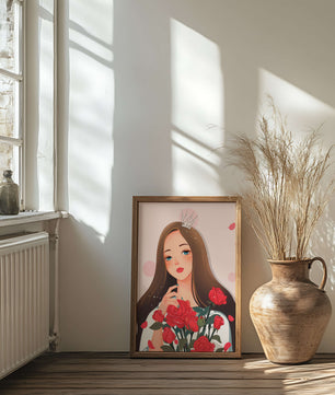 Illustration d'une fille animée avec une couronne et des roses