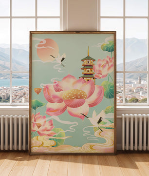 Paysage serein avec des fleurs de lotus et une pagode traditionnelle