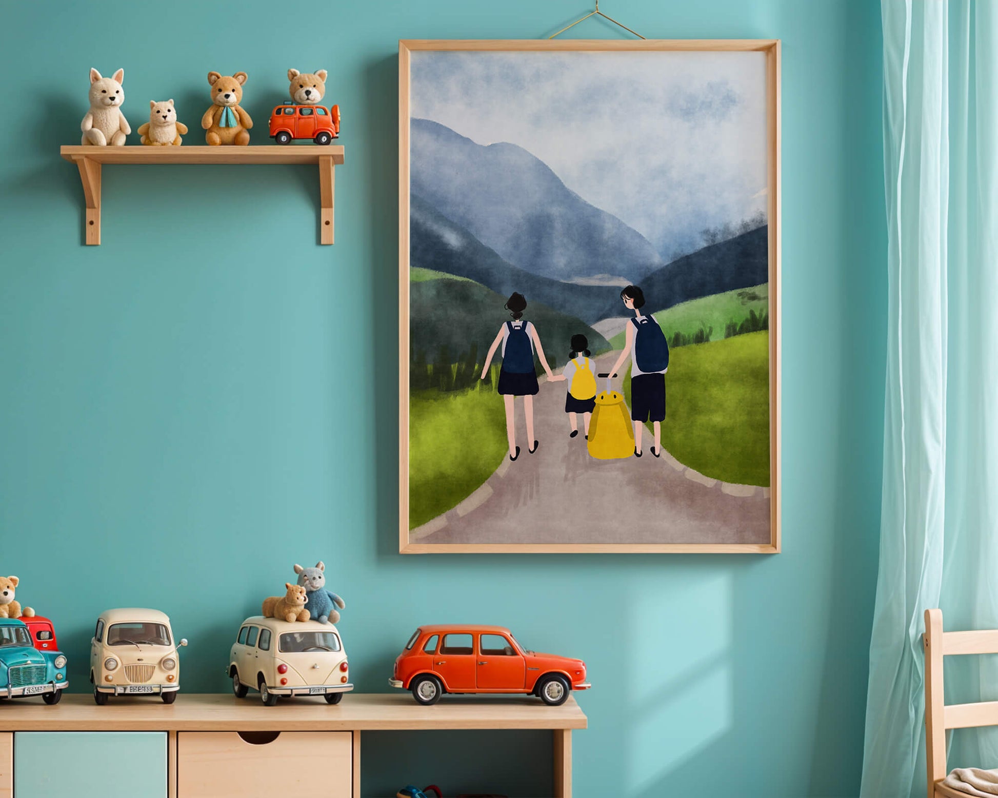 Family hiking in scenic mountain landscape with backpacks